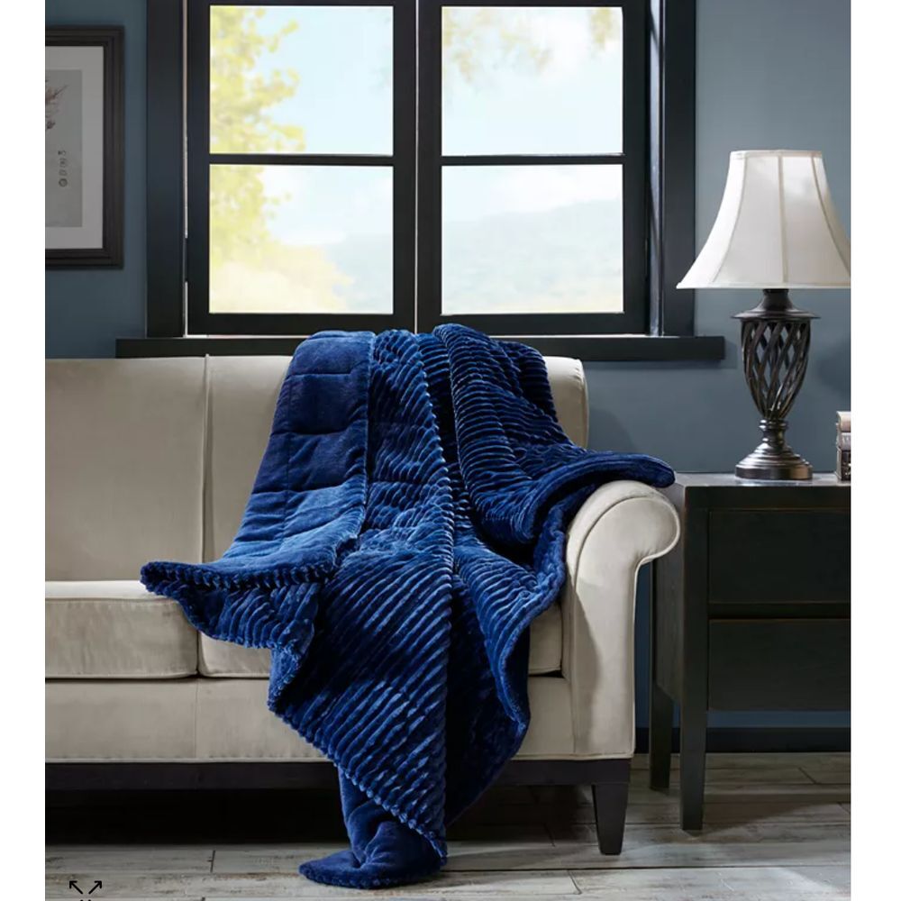 Madison Park Luxury Corduroy Plush Down Alternative Throw Ivory 60x70 Navy